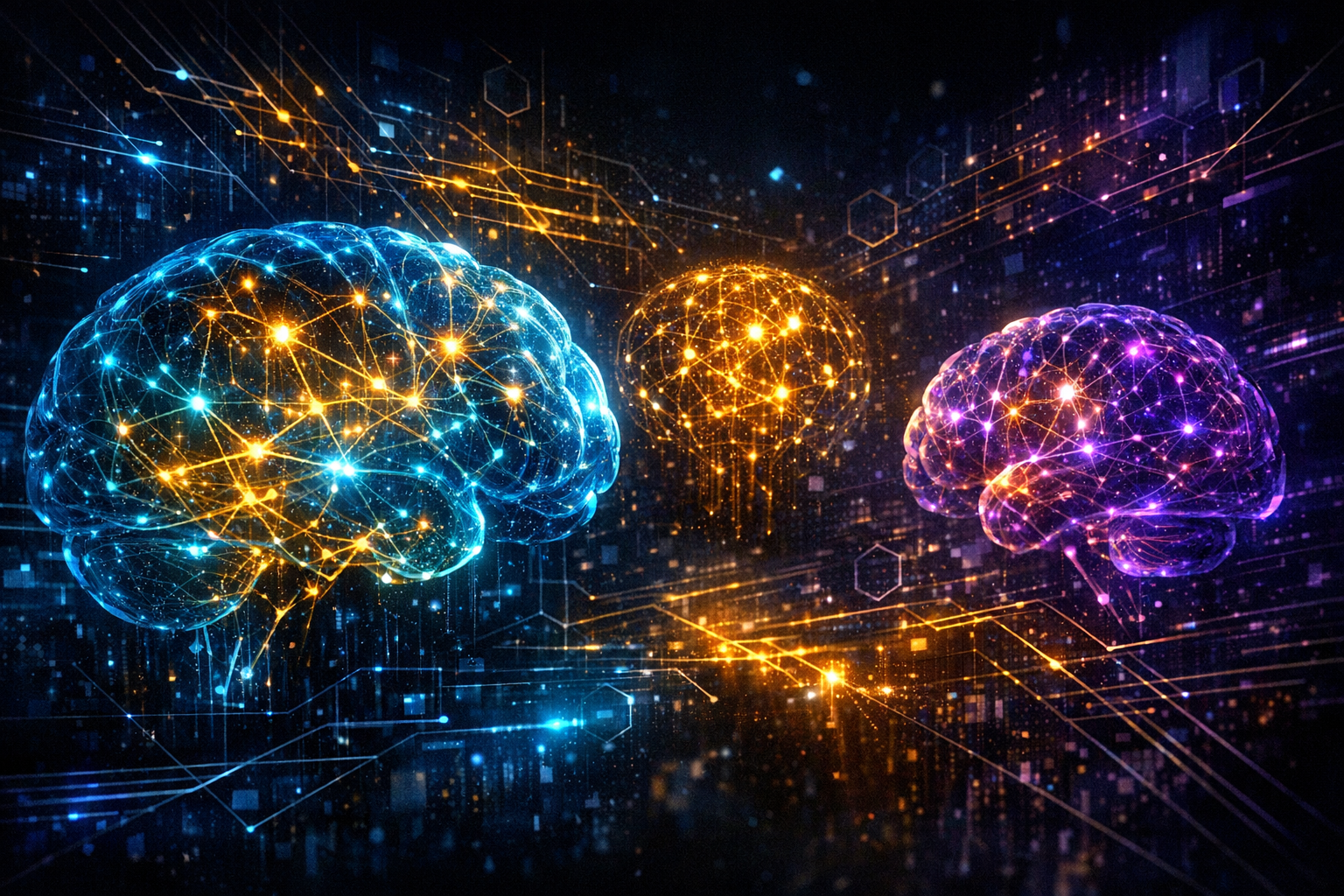 Visualizzazione astratta e futuristica di reti neurali e strutture di intelligenza artificiale interconnesse, con luci al neon in blu, viola, oro e ciano su sfondo cosmico scuro — copertina editoriale sui modelli AI del 2026