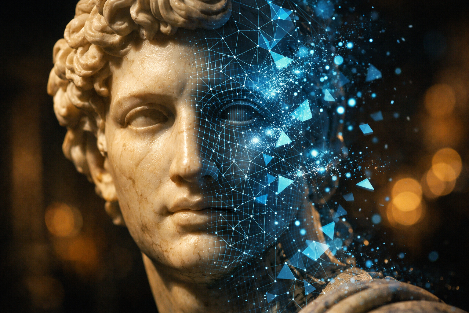 Volto di statua classica in marmo attraversato da una scansione digitale wireframe, simbolo dell'incontro tra patrimonio culturale e intelligenza artificiale.