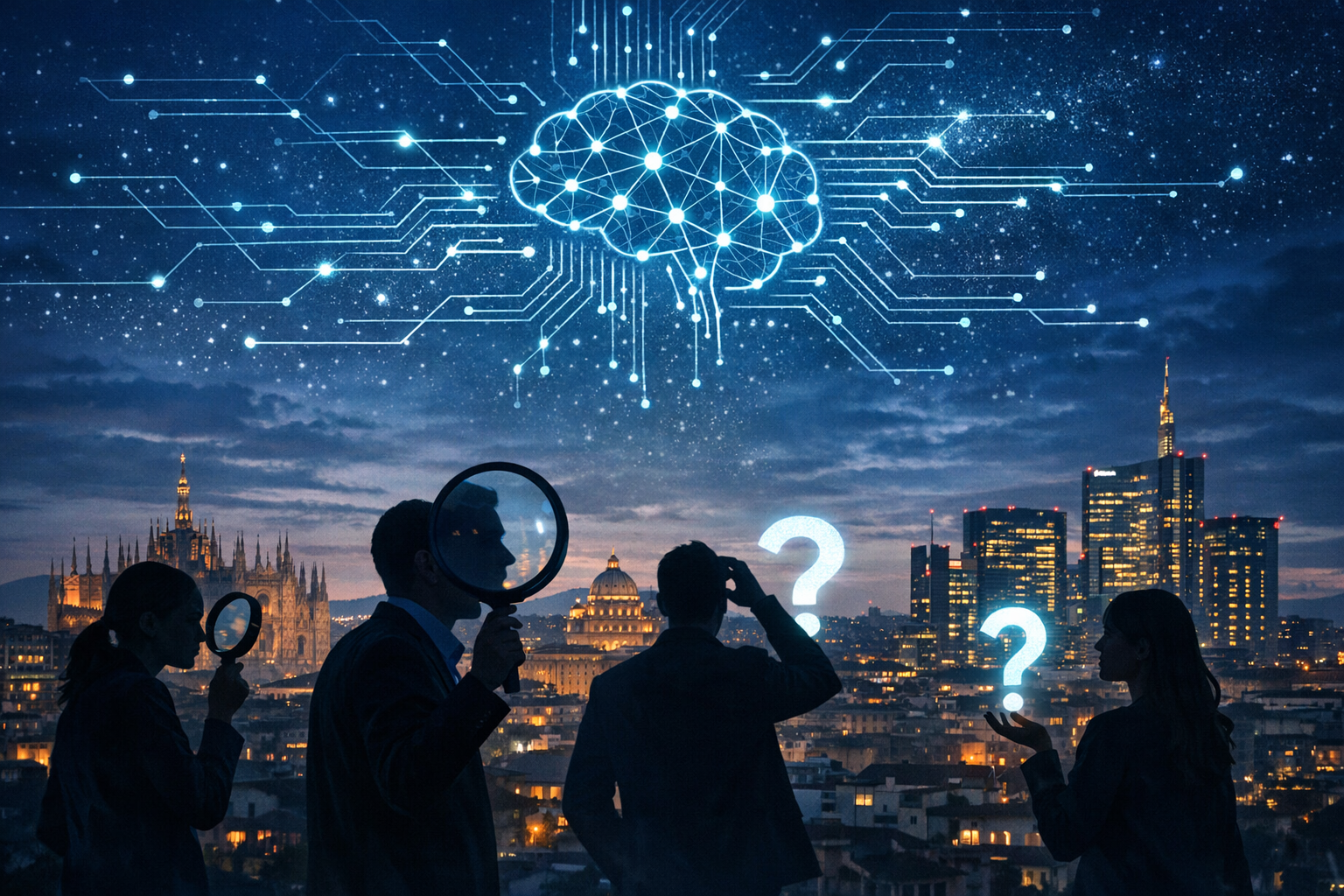 Skyline italiano al tramonto con reti neurali digitali e silhouette di professionisti che cercano talenti AI