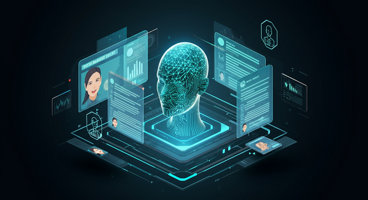 Illustrazione futuristica di un agente AI che gestisce un processo di fundraising con documenti e dati finanziari fluttuanti