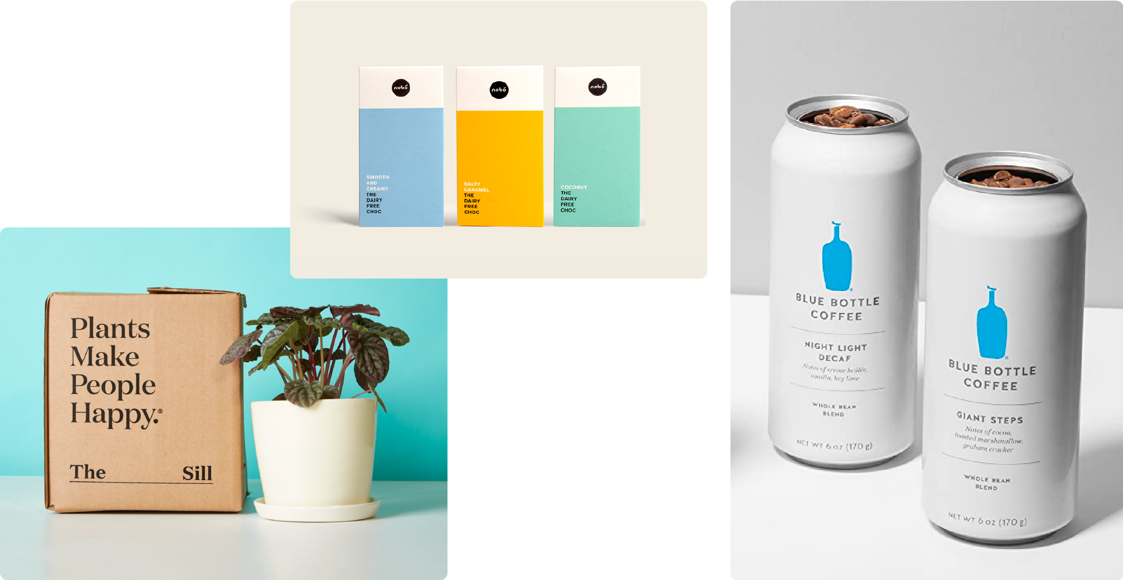 Blue Bottle coffee subscription, Nobo vegan chocolate, desk plant from The Sill