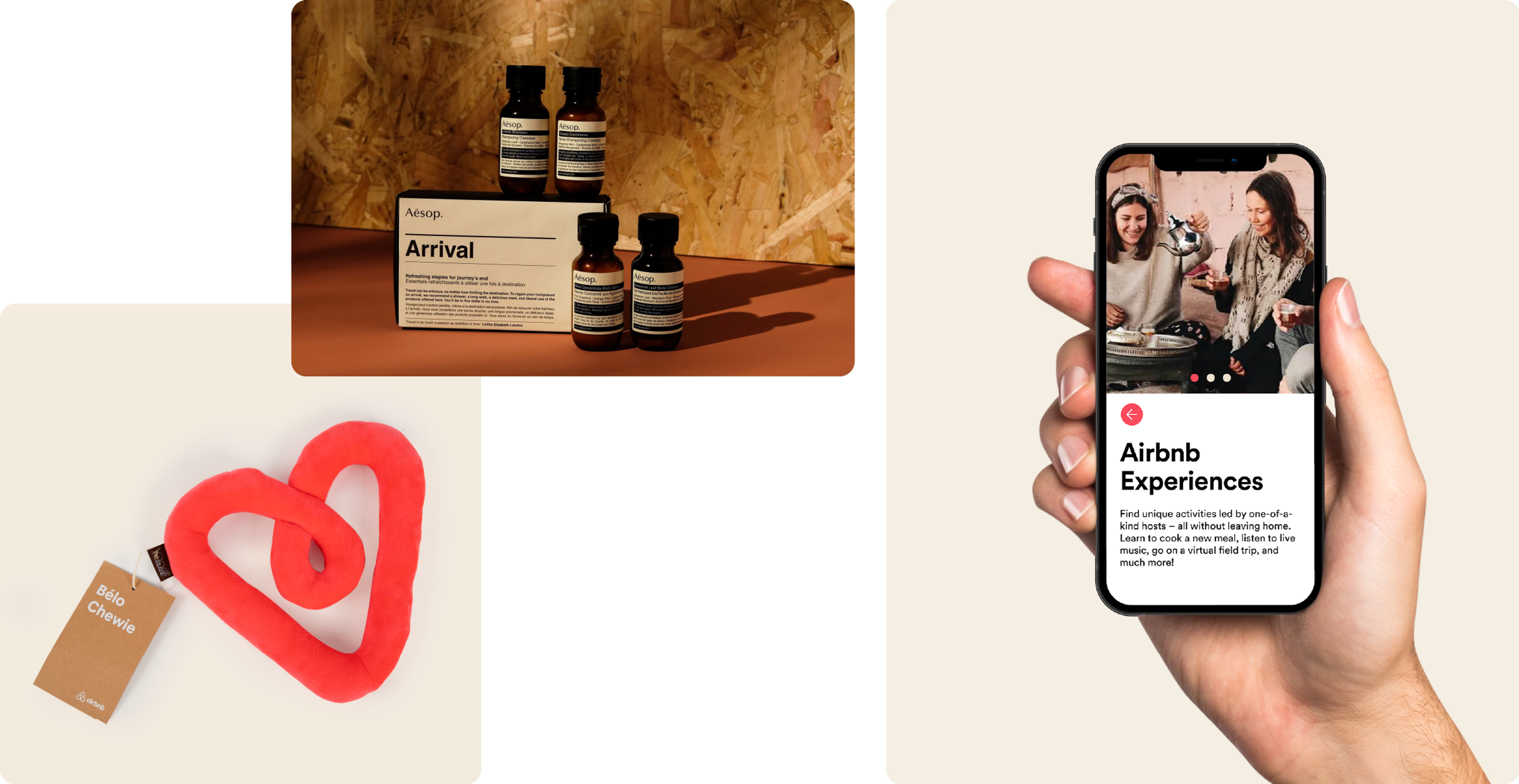 A selection of Airbnb gifts included a branded dog chew toy and a phone showing an Airbnb experience