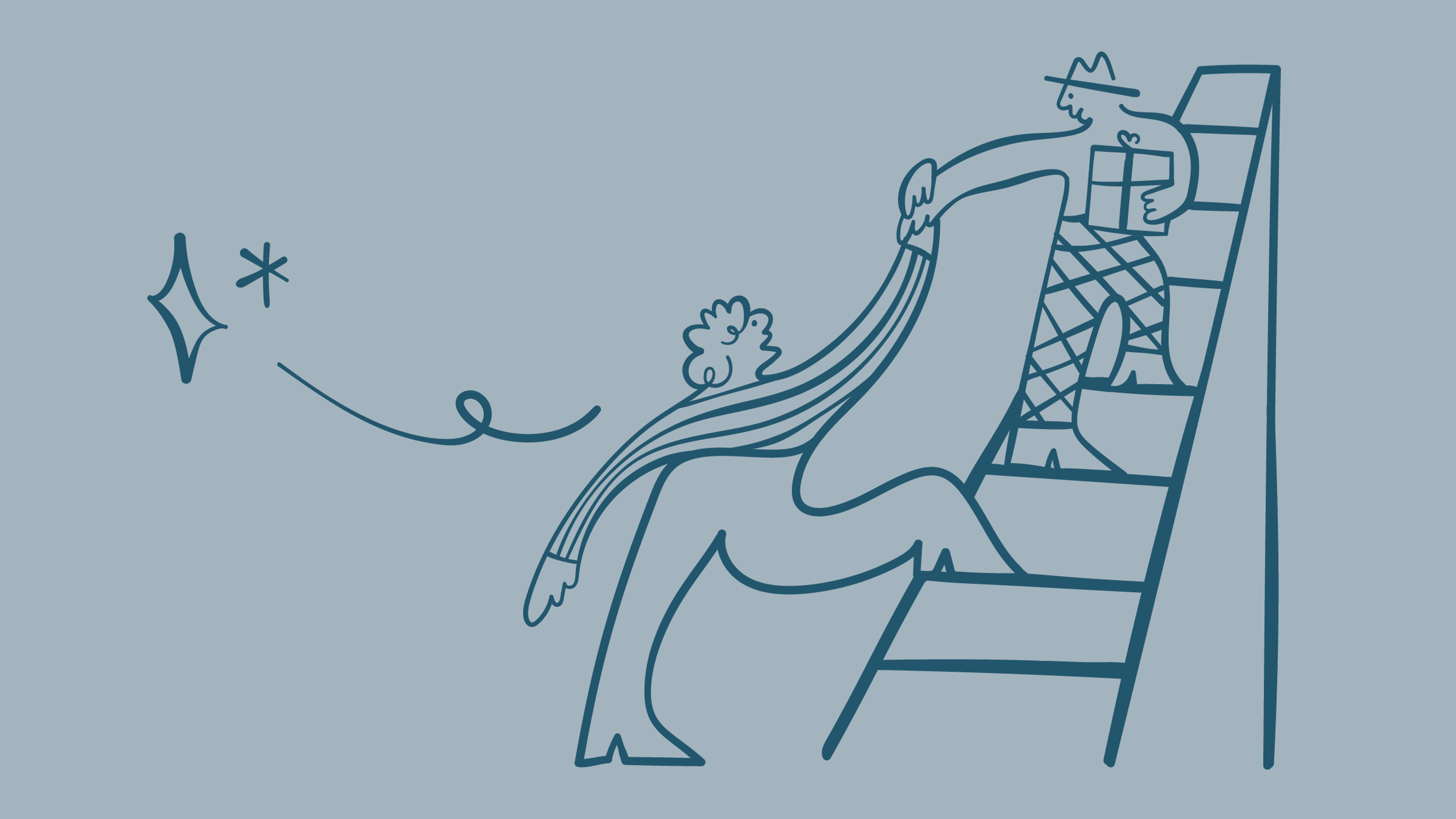 An illustration showing a figure helping another figure up the ladder of B2B growth through gifting.