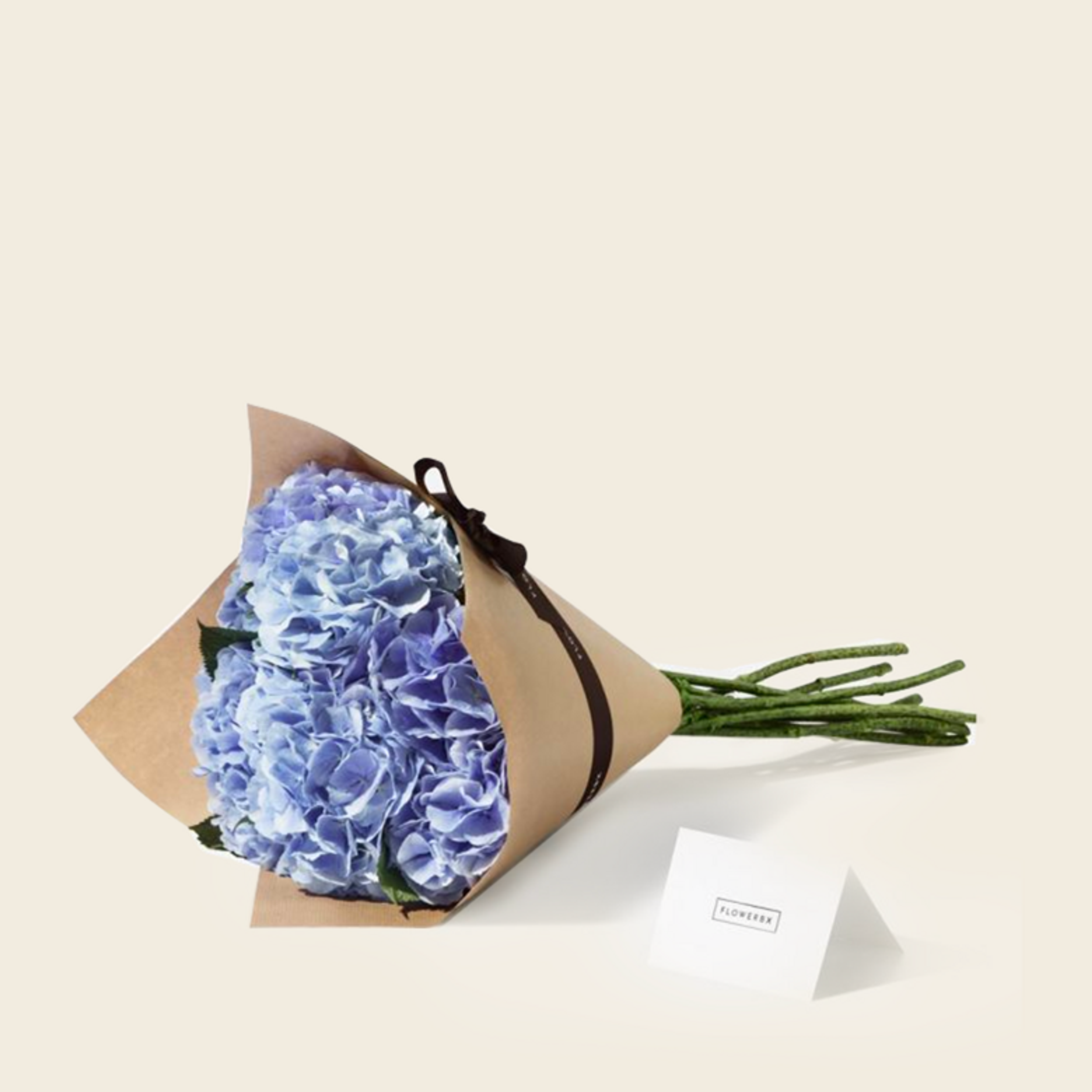 A bunch of blue hydrangeas in brown paper wrapping next to a note card