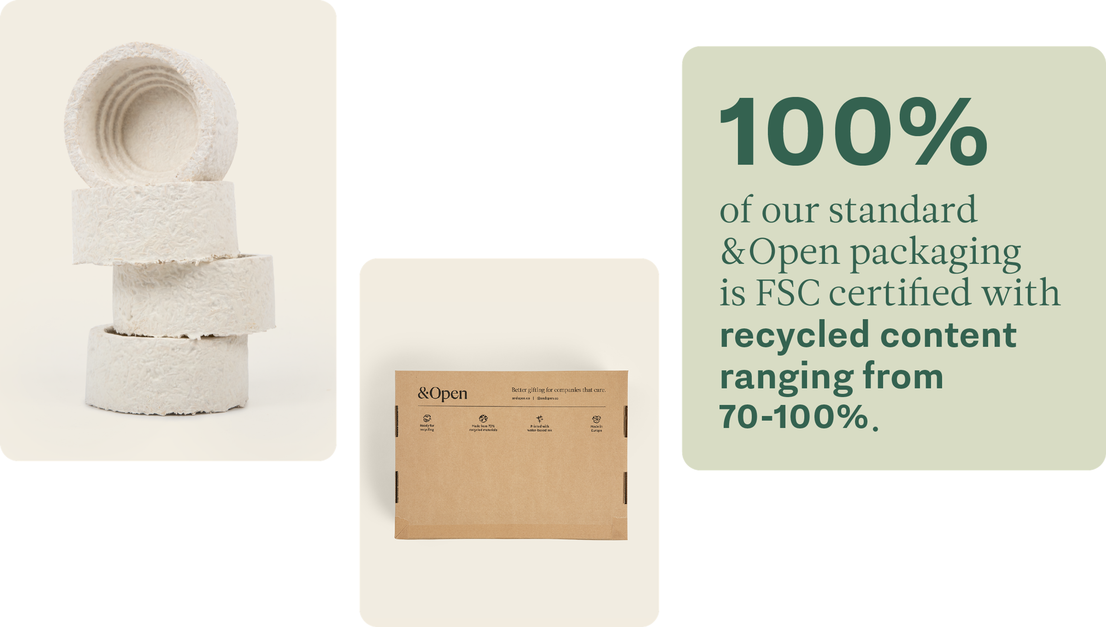 100% of our standard &Open packaging is FSC certified with recycled content ranging from 70-100%