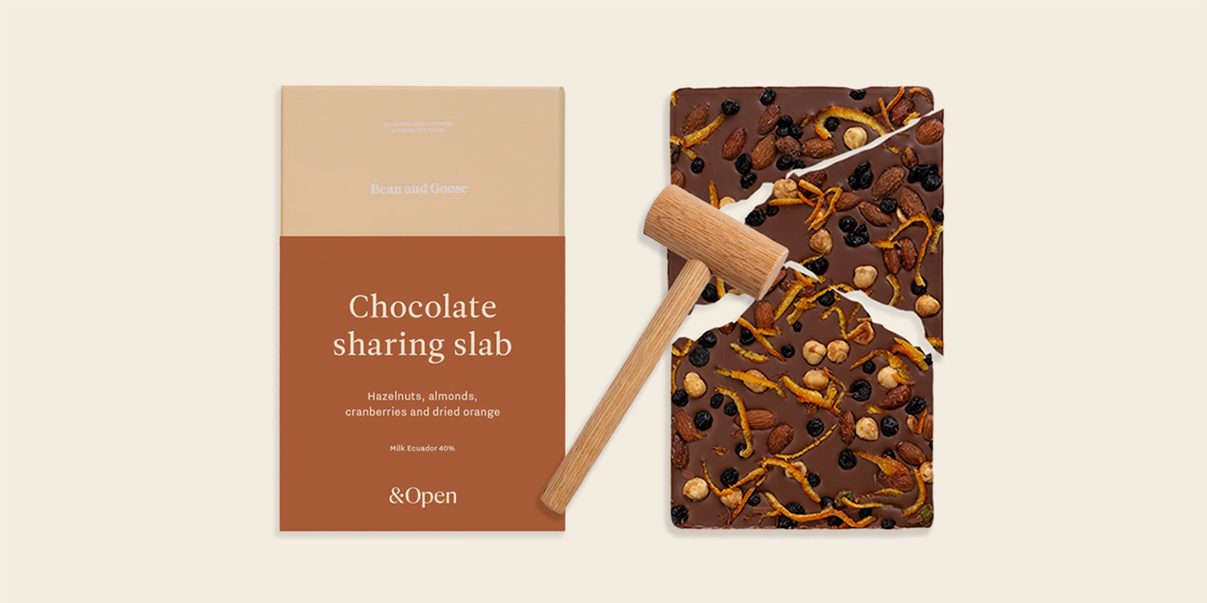 Chocolate sharing slab, with packaging, hammer and chocolate 
