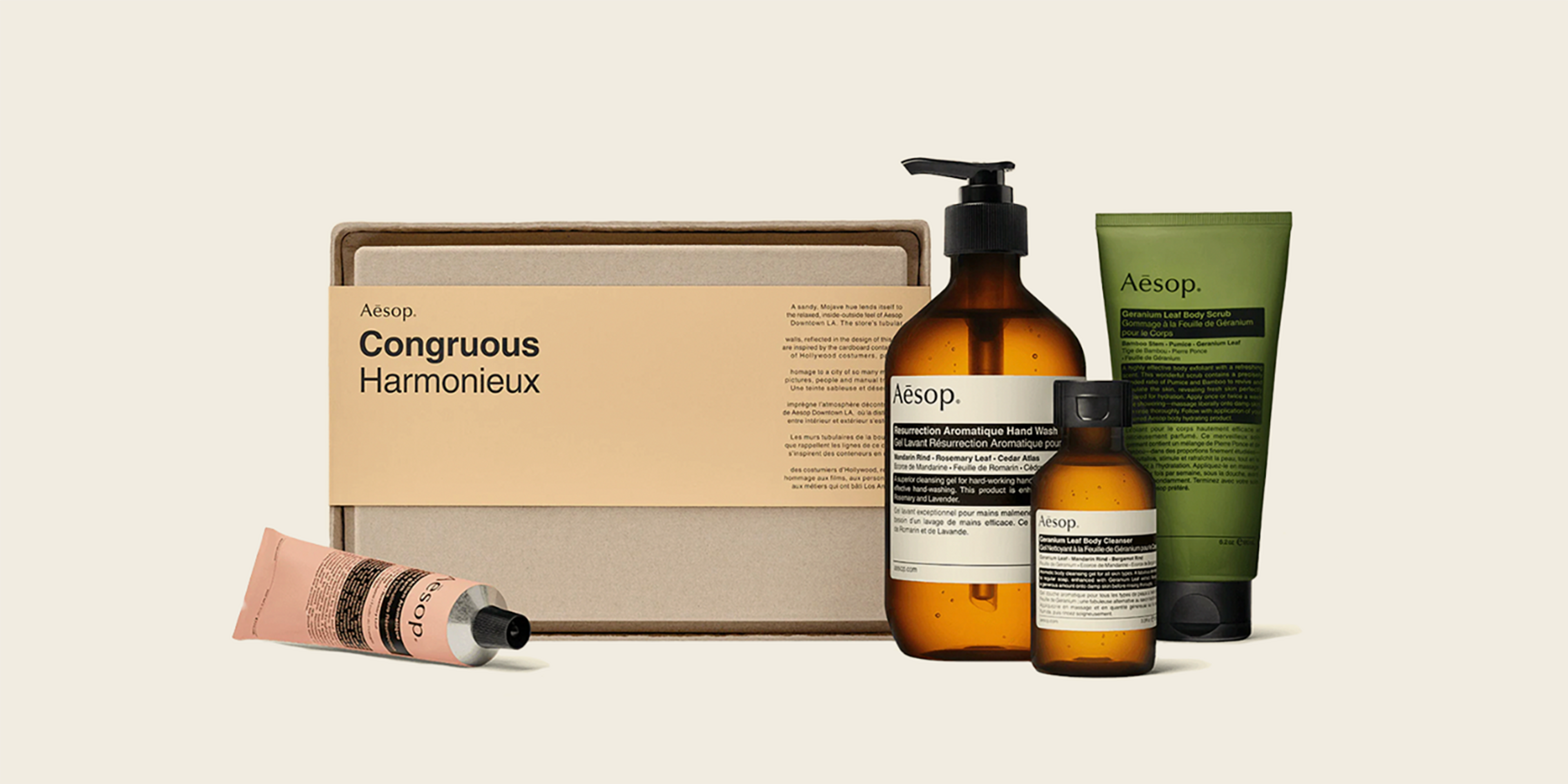 Hand and body products from Aesop with packaging