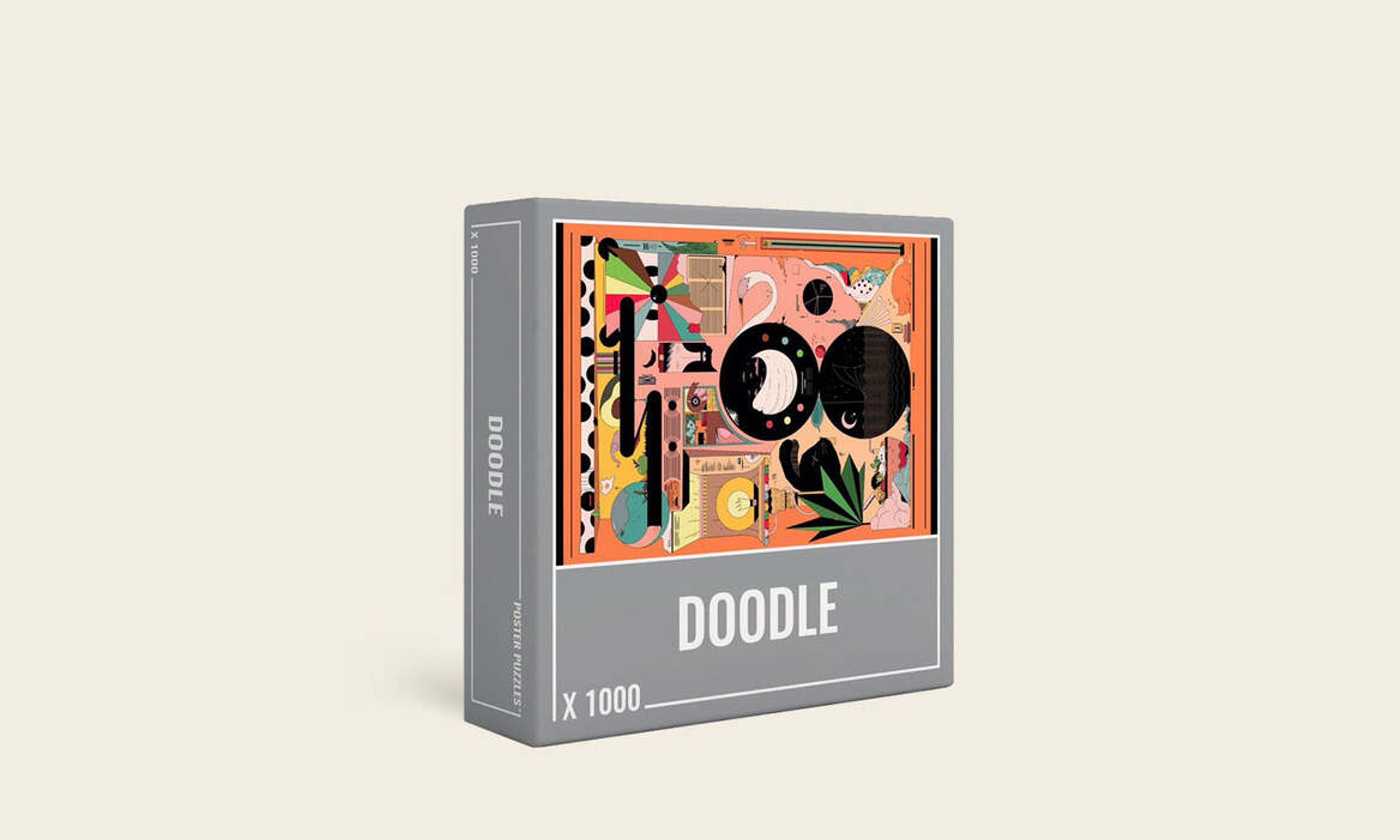 A puzzle with a doodle design in a grey box