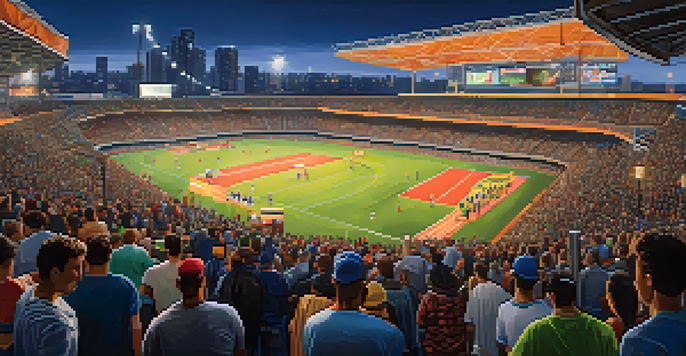 A bustling sports stadium at night filled with enthusiastic fans, food vendors, and a city skyline in the background.