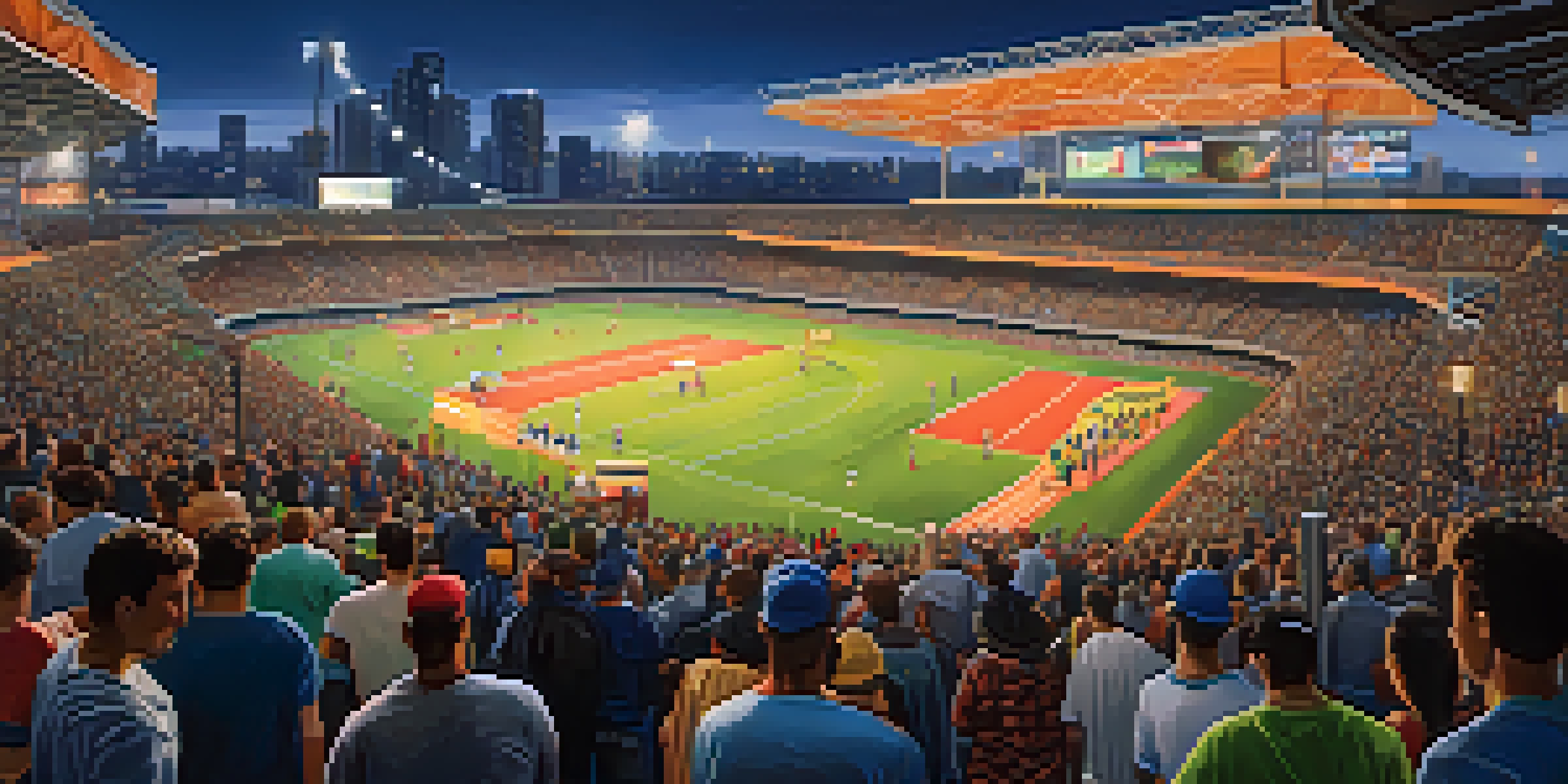 A bustling sports stadium at night filled with enthusiastic fans, food vendors, and a city skyline in the background.