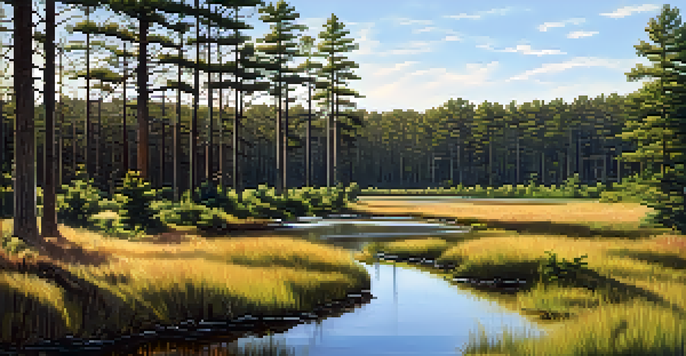 A tranquil scene of the Pine Barrens with pitch pine trees, a sandy floor, and a winding stream under a blue sky.