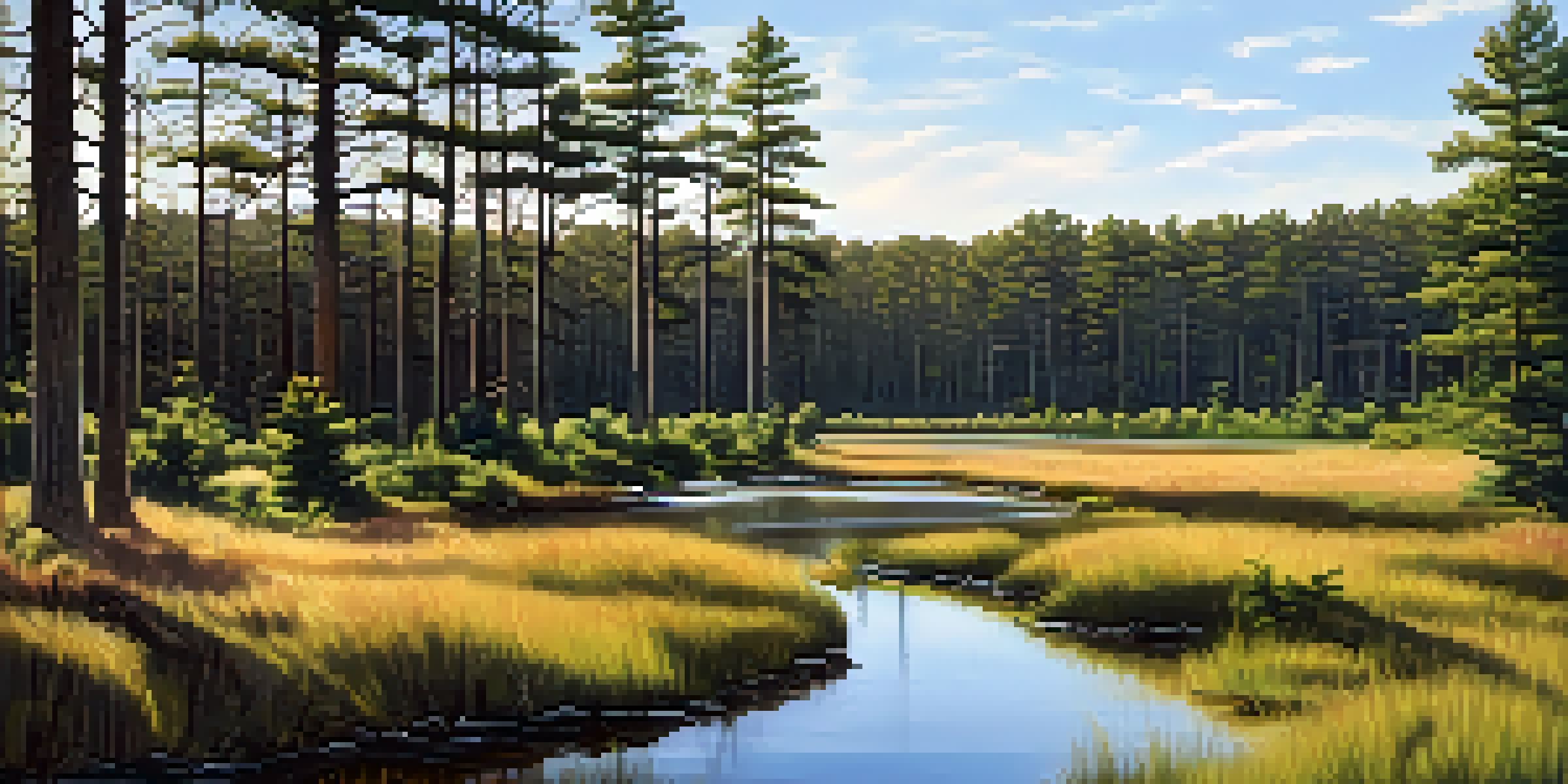 A tranquil scene of the Pine Barrens with pitch pine trees, a sandy floor, and a winding stream under a blue sky.