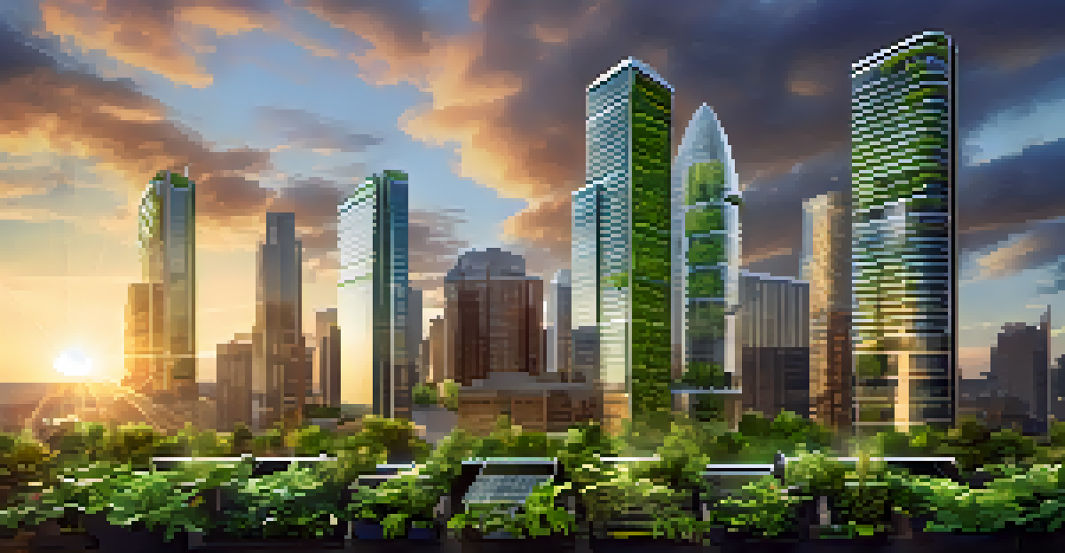 A modern skyline of New Jersey featuring green buildings with gardens and solar panels at sunset, representing sustainable growth.
