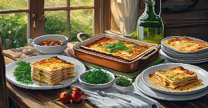 A table set for an Italian meal with lasagna, herbs, garlic bread, and olive oil, illuminated by warm lighting.
