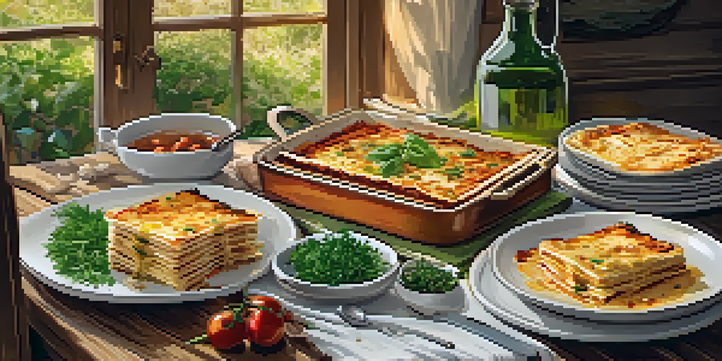 A table set for an Italian meal with lasagna, herbs, garlic bread, and olive oil, illuminated by warm lighting.