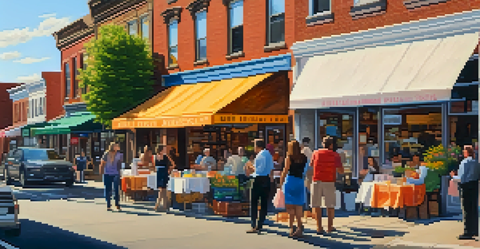 A busy street filled with small businesses and people shopping and dining outdoors in New Jersey, showing a sense of community and resilience.