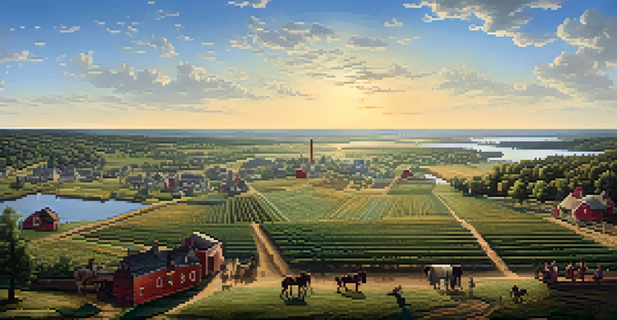 A panoramic view of New Jersey in colonial times with farms, trade routes, and a marketplace under a clear blue sky.