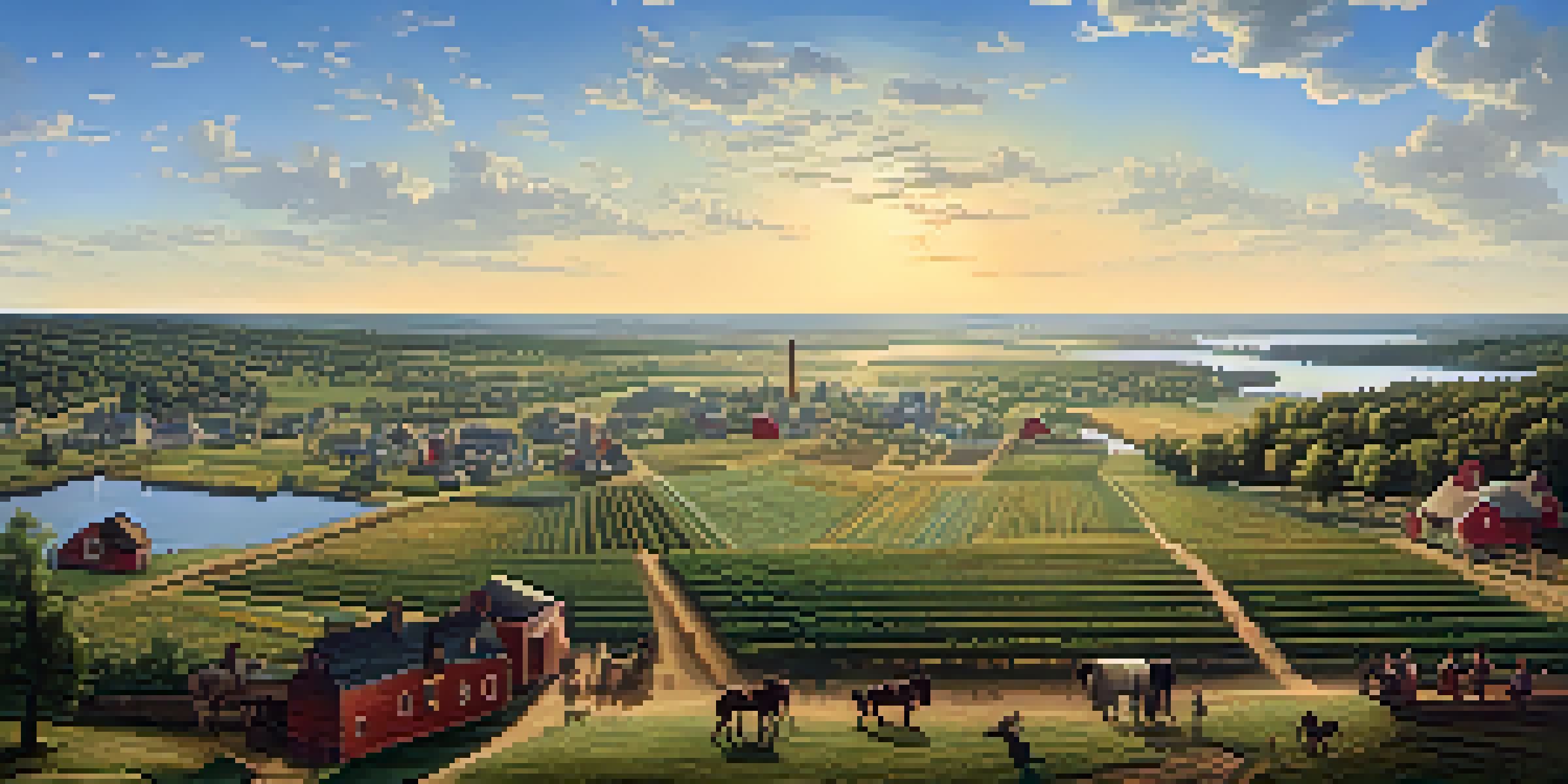 A panoramic view of New Jersey in colonial times with farms, trade routes, and a marketplace under a clear blue sky.