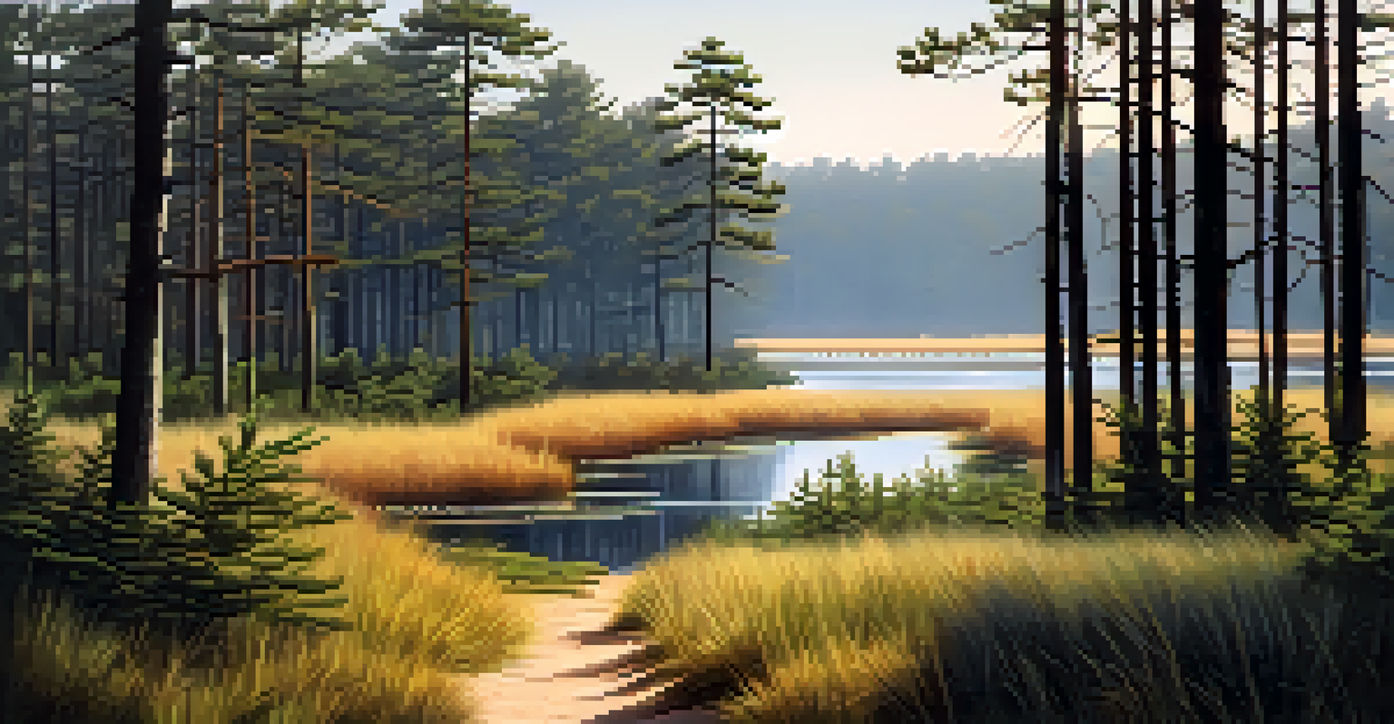 A peaceful scene in the Pine Barrens of New Jersey, showing a hiking trail, tall pine trees, and a tranquil lake in soft morning light.