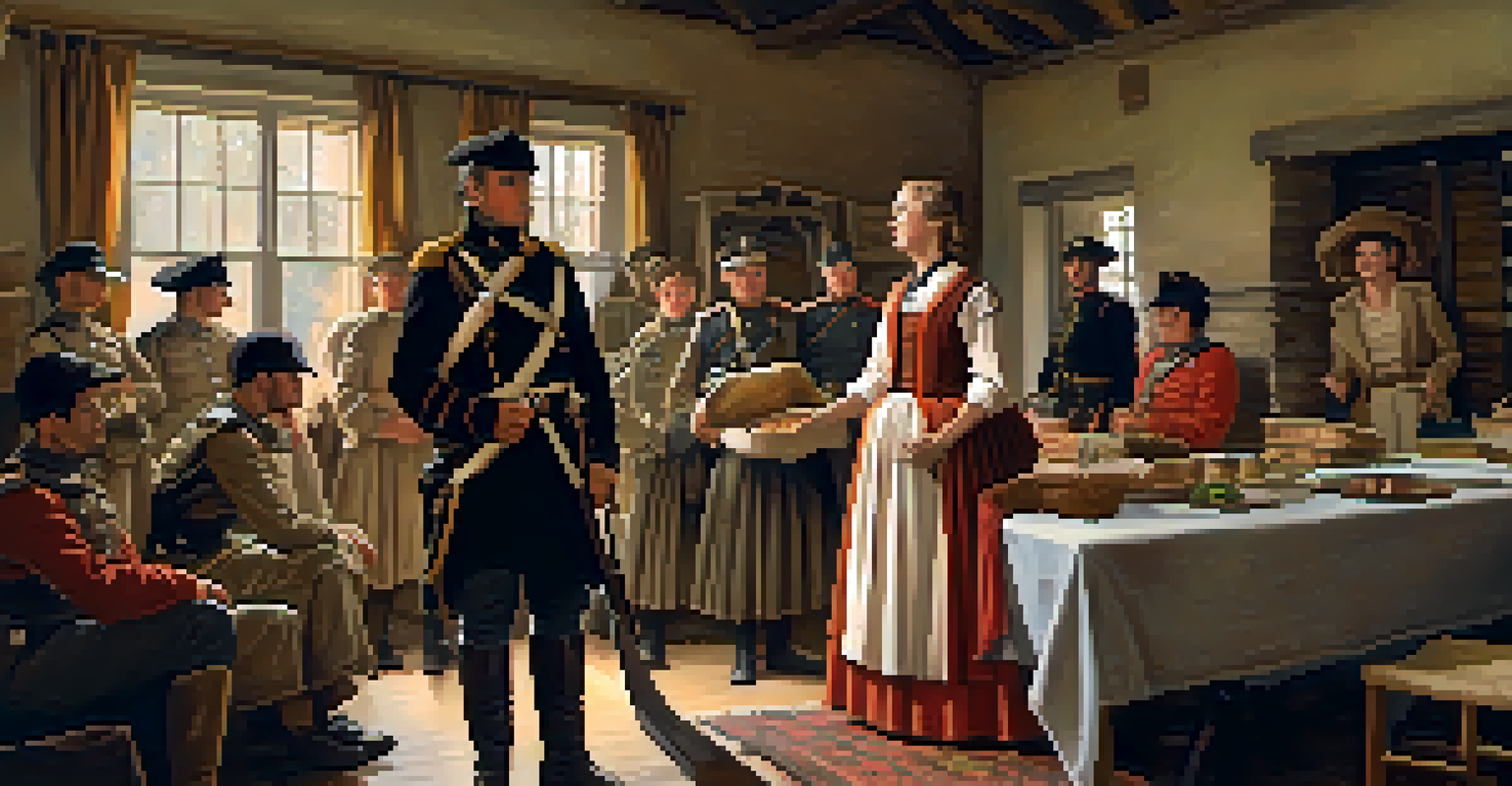 Margaret Morris providing supplies to soldiers in her home, filled with warmth and historical detail.