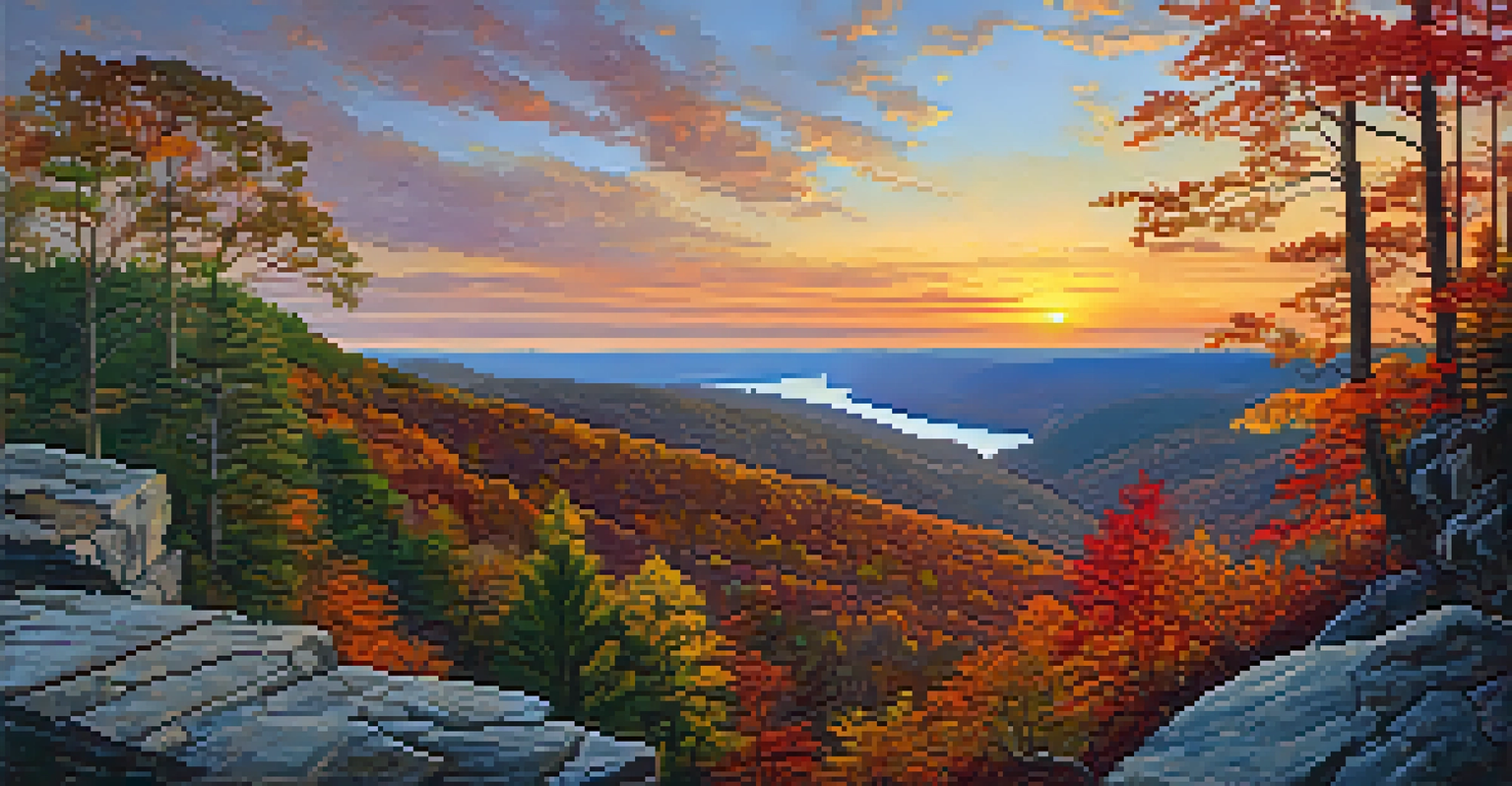 A stunning sunset view from Mount Tammany overlooking the Delaware River and colorful autumn trees.