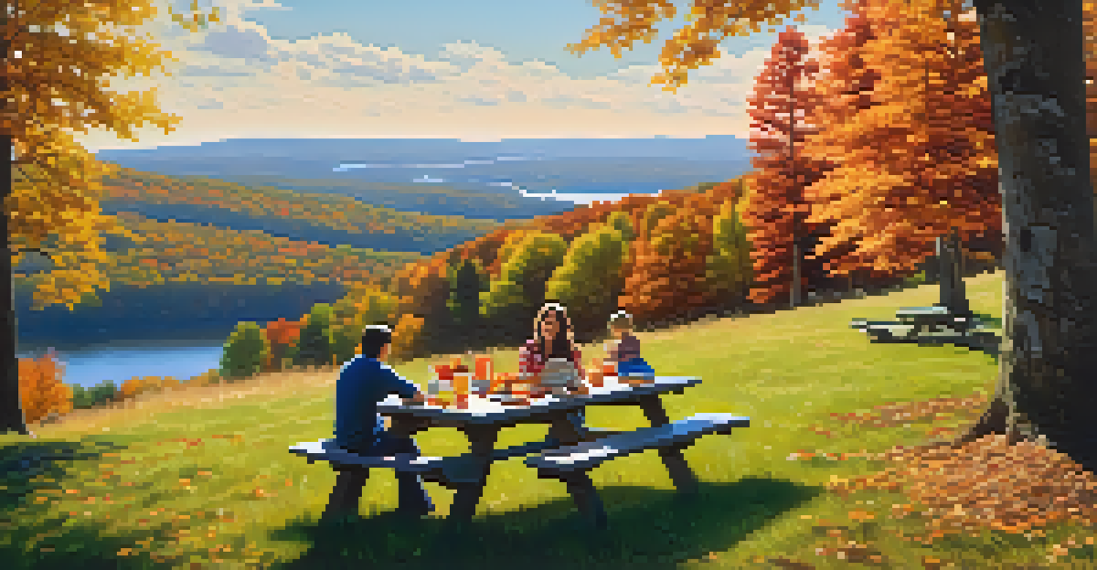 A family enjoying a picnic at High Point State Park with autumn foliage and a scenic lake view.