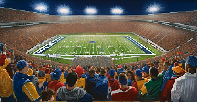 A lively high school football game with cheering fans in the stands and players on the field under bright stadium lights.