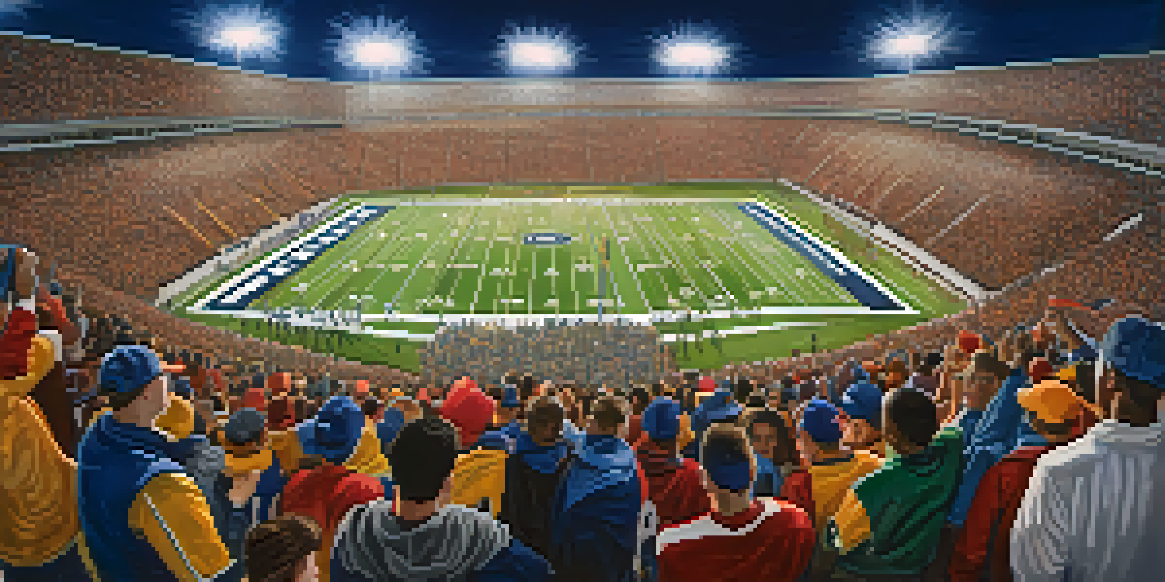 A lively high school football game with cheering fans in the stands and players on the field under bright stadium lights.