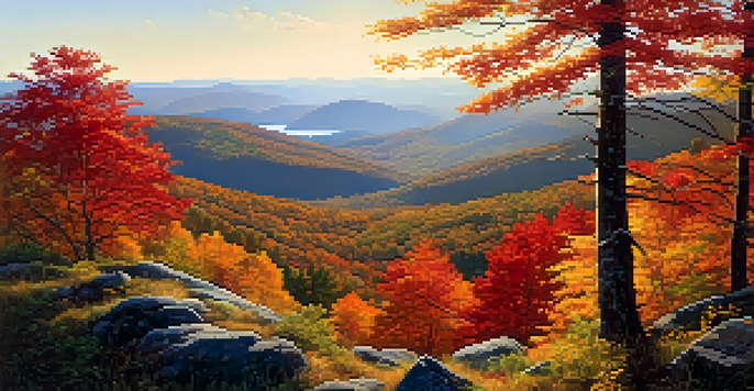 A panoramic view of the Appalachian Mountains with colorful autumn leaves and sunlight filtering through the trees.