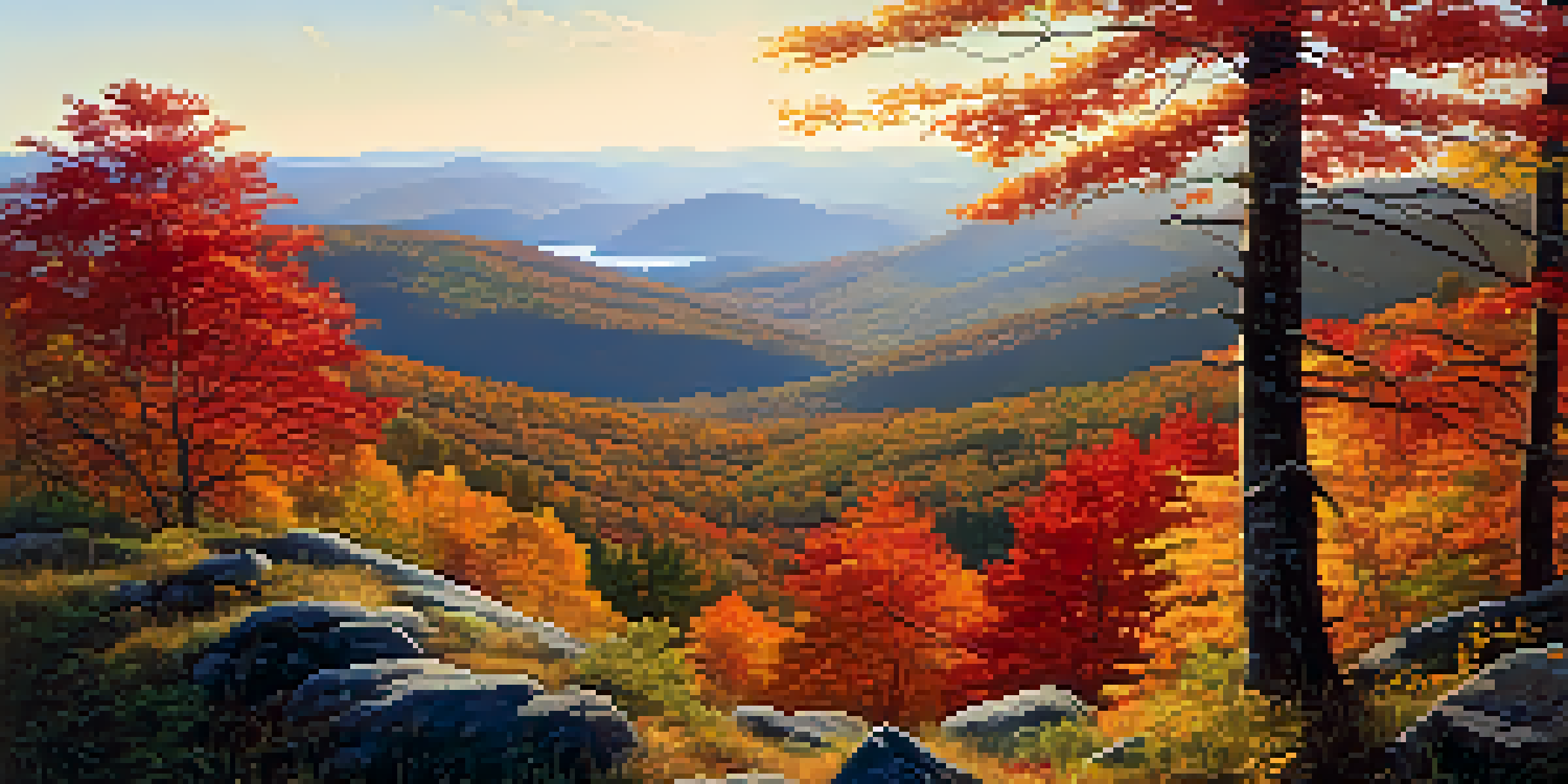 A panoramic view of the Appalachian Mountains with colorful autumn leaves and sunlight filtering through the trees.