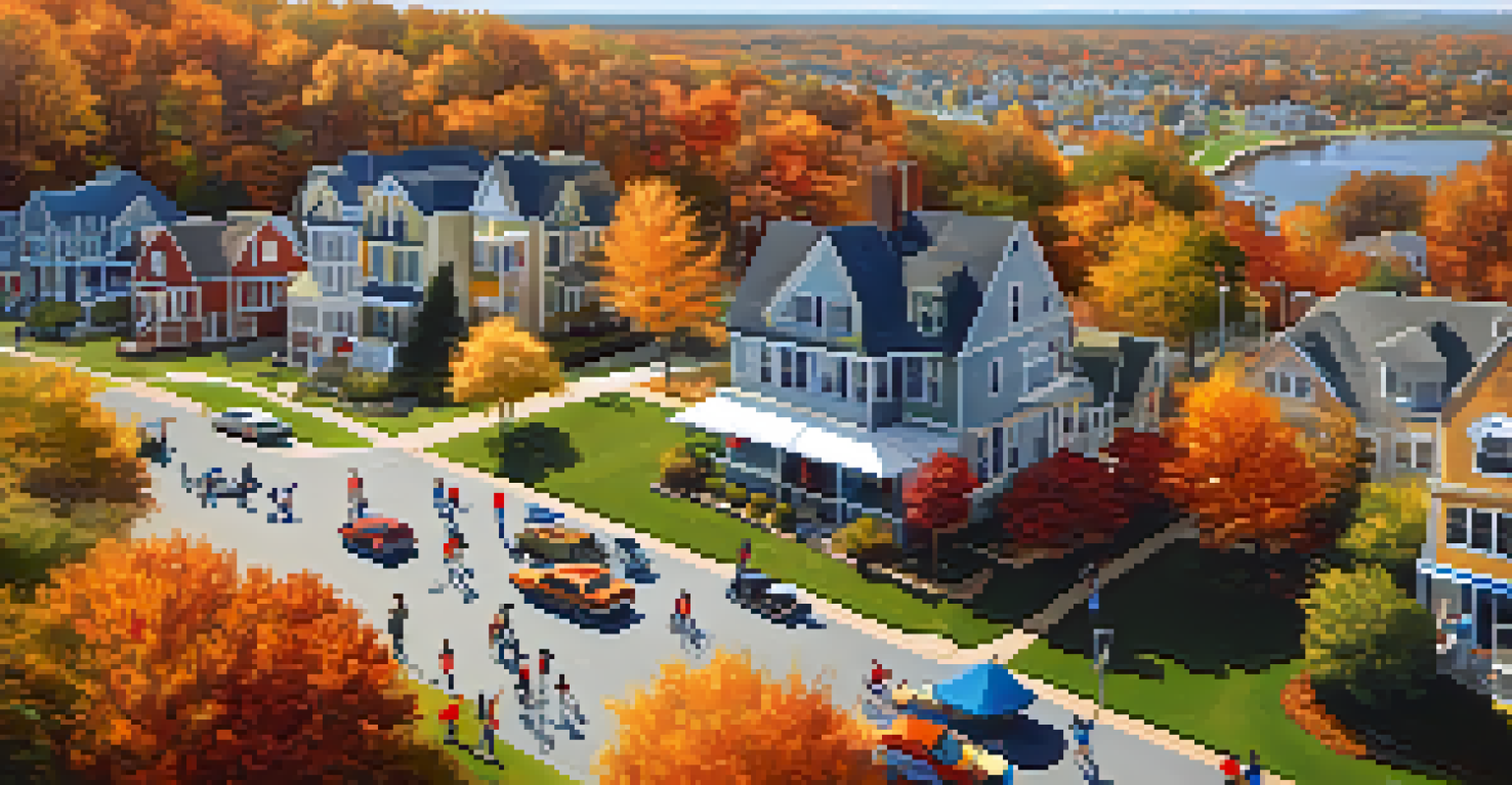 Aerial view of a coastal town in New Jersey with families enjoying a local sports event in a park surrounded by autumn trees.