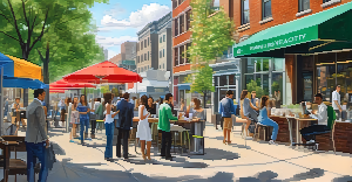 A vibrant city street scene in New Jersey with diverse professionals networking and working outdoors.