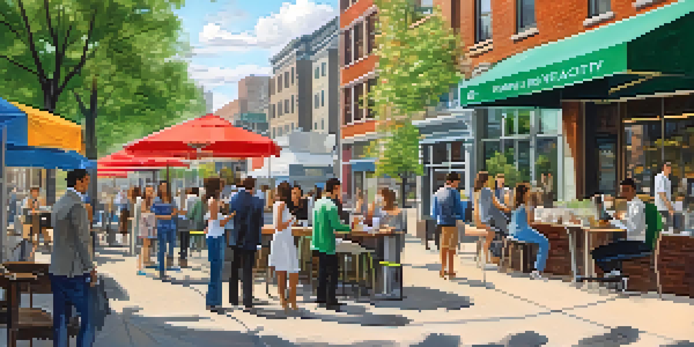 A vibrant city street scene in New Jersey with diverse professionals networking and working outdoors.