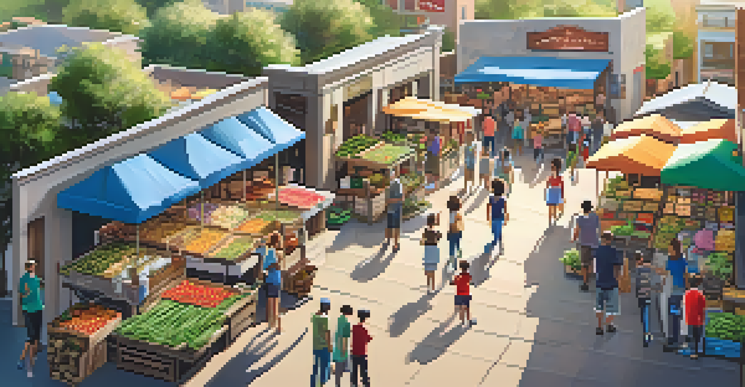 Aerial view of an outdoor market with family-owned food stalls and people enjoying local food.