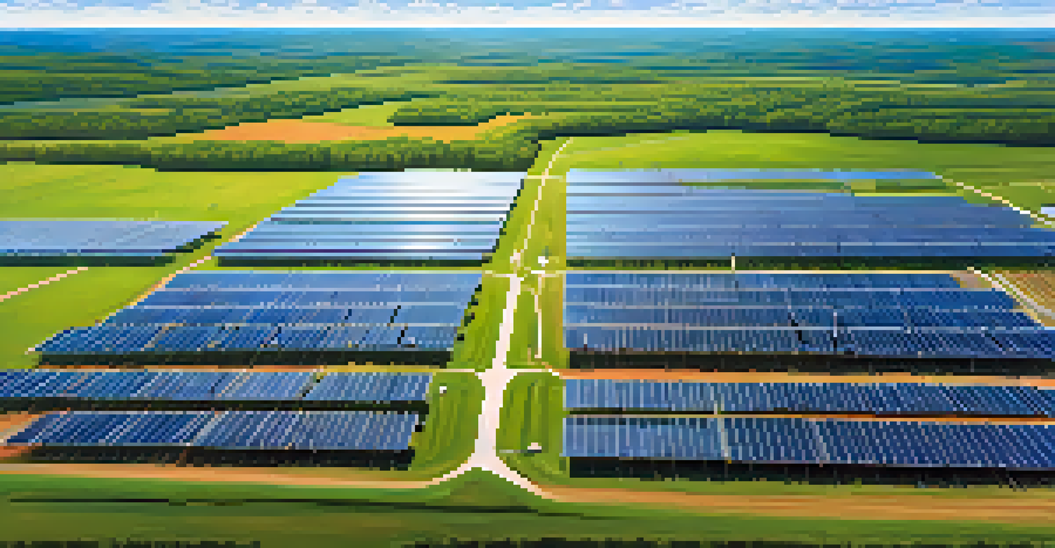 An aerial view of a solar farm in New Jersey with solar panels and wind turbines, under a bright blue sky, representing renewable energy.