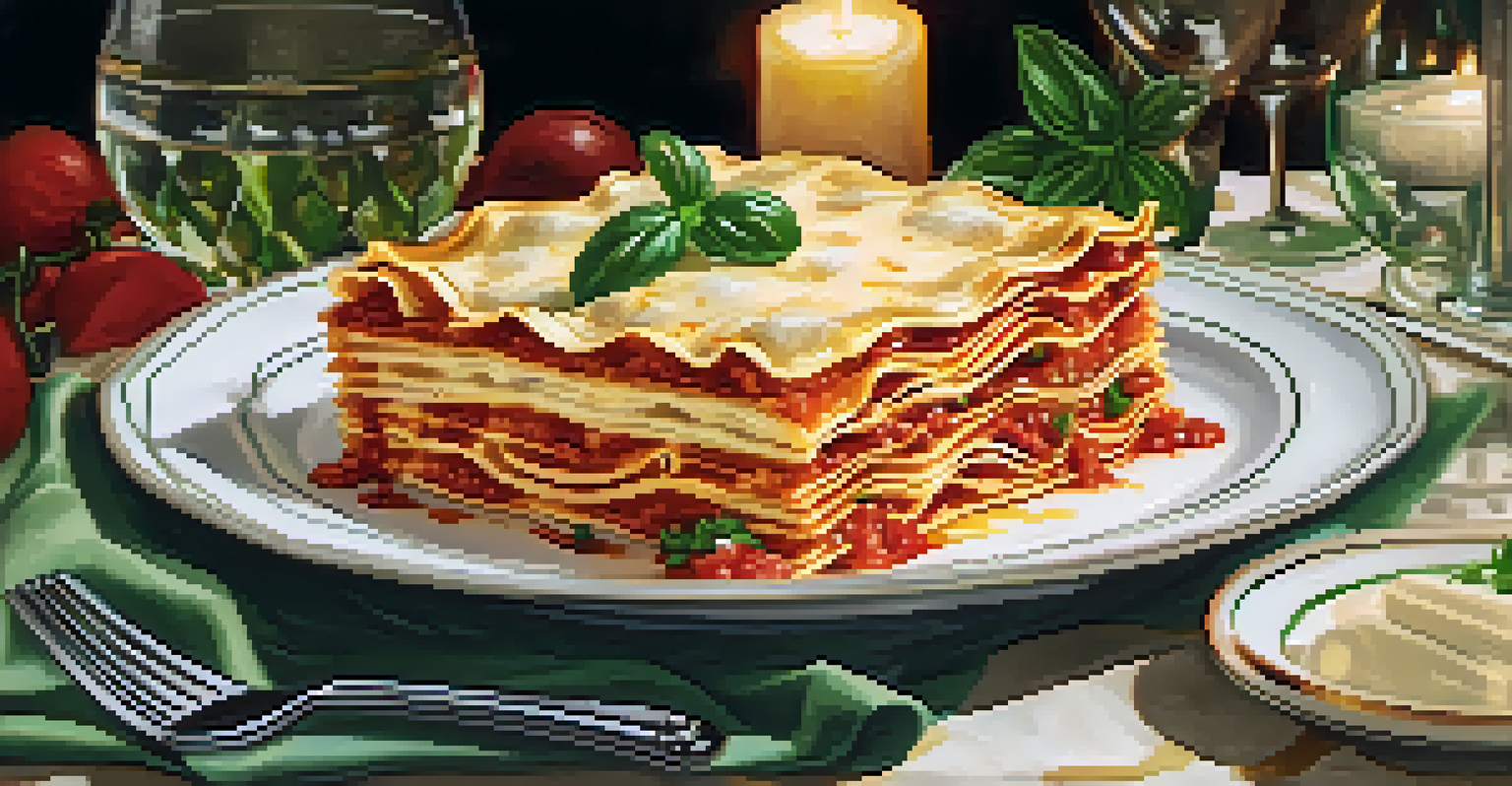 Close-up of a beautifully plated homemade lasagna on a dining table with candlelight.