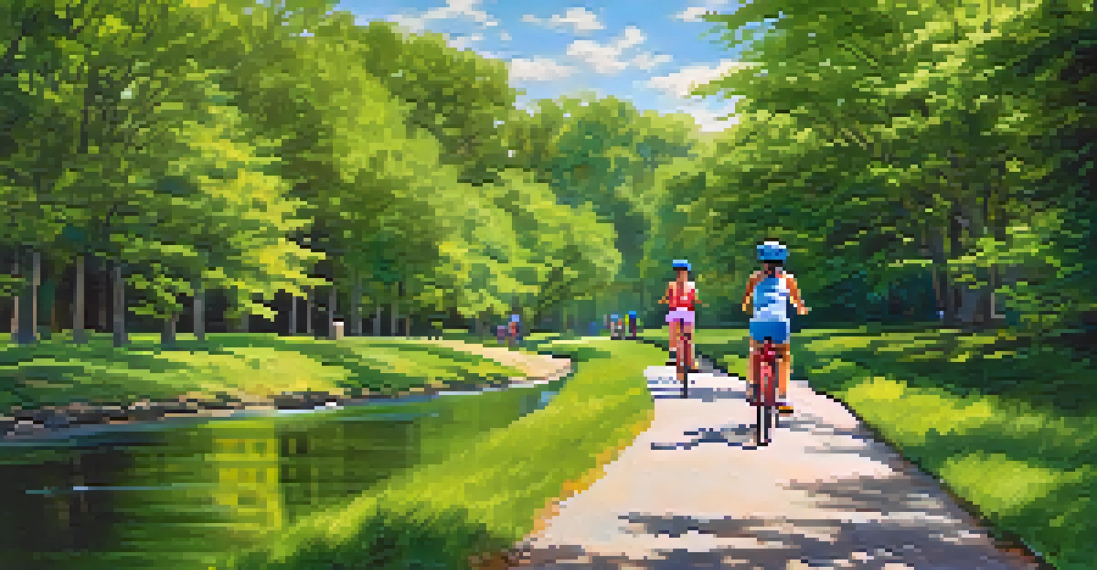 A family biking along a scenic trail at Delaware and Raritan Canal State Park, surrounded by lush greenery and a reflective canal.