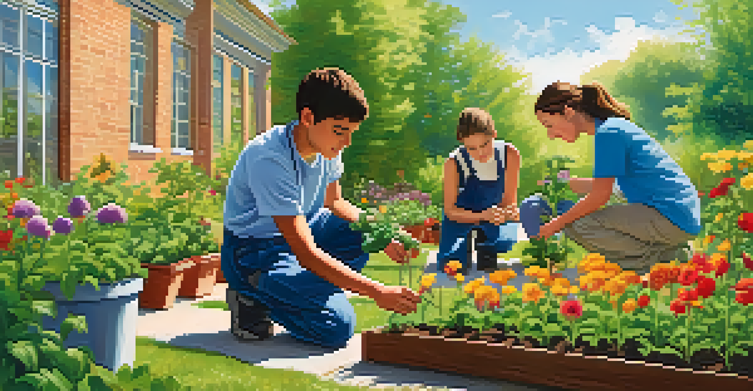 A teenager with autism planting flowers in a community garden, with an instructor offering guidance, surrounded by greenery.
