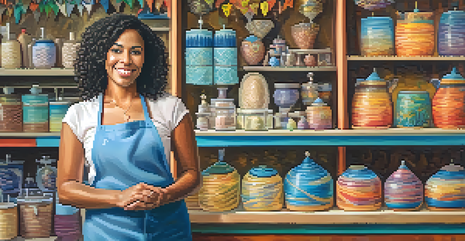 A small business owner proudly standing in front of her artisanal shop in New Jersey.