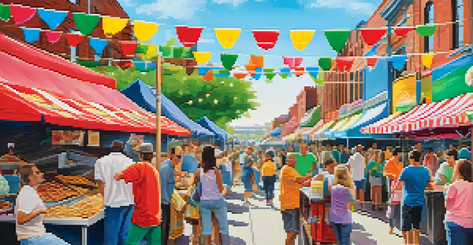 A lively street food festival in New Jersey with colorful food stalls featuring various cuisines and people enjoying food and music.