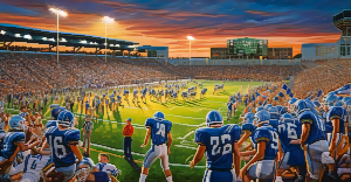A lively high school football game with players in colorful uniforms, fans in the stands, and a sunset in the background.