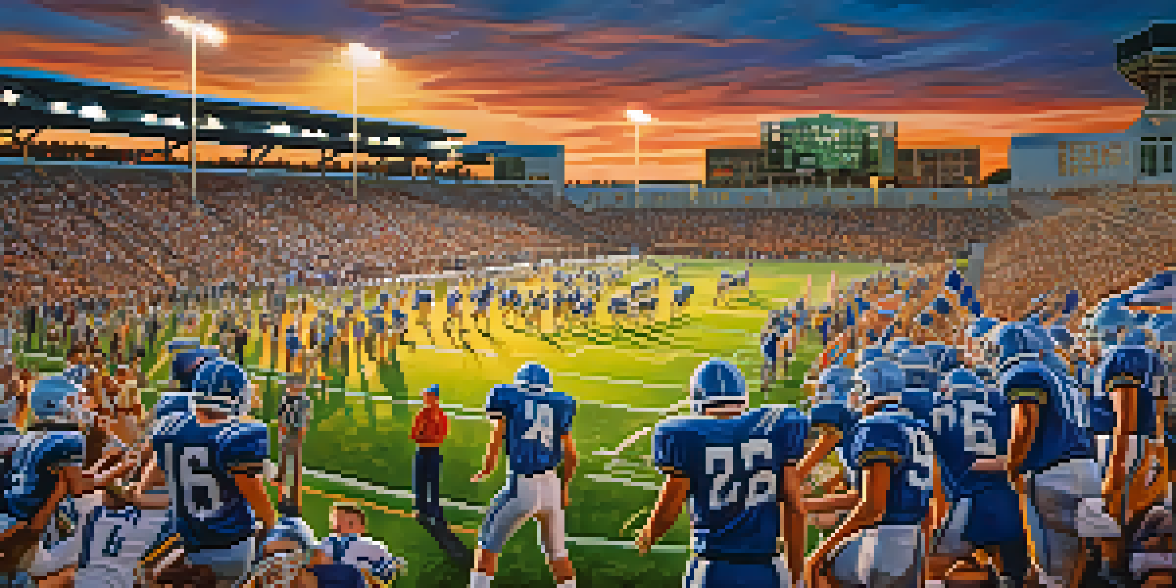 A lively high school football game with players in colorful uniforms, fans in the stands, and a sunset in the background.
