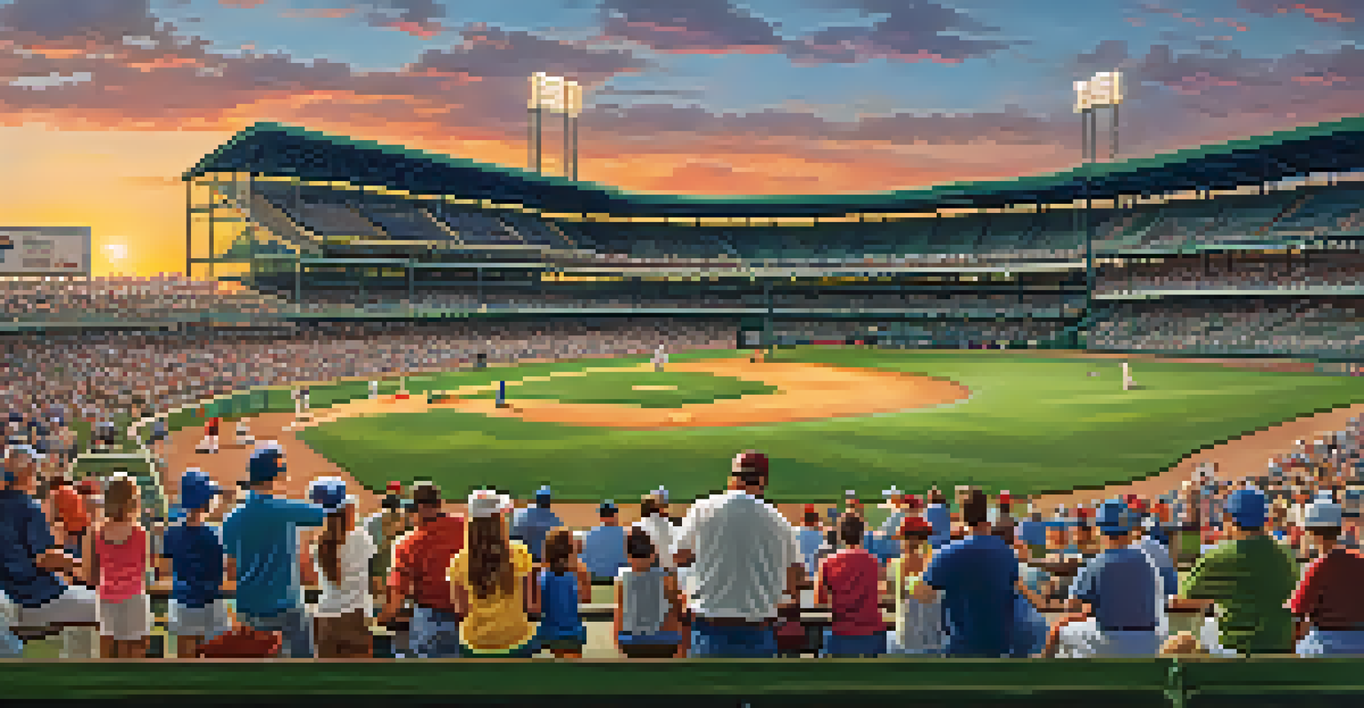 A minor league baseball game in New Jersey with families enjoying the game, players on the field, and a sunset in the background.