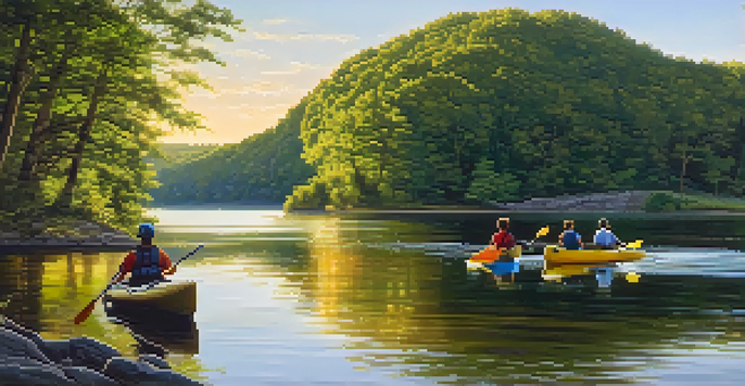 A picturesque sunset view of the Delaware River with kayakers and lush greenery, showcasing historical towns in the background.