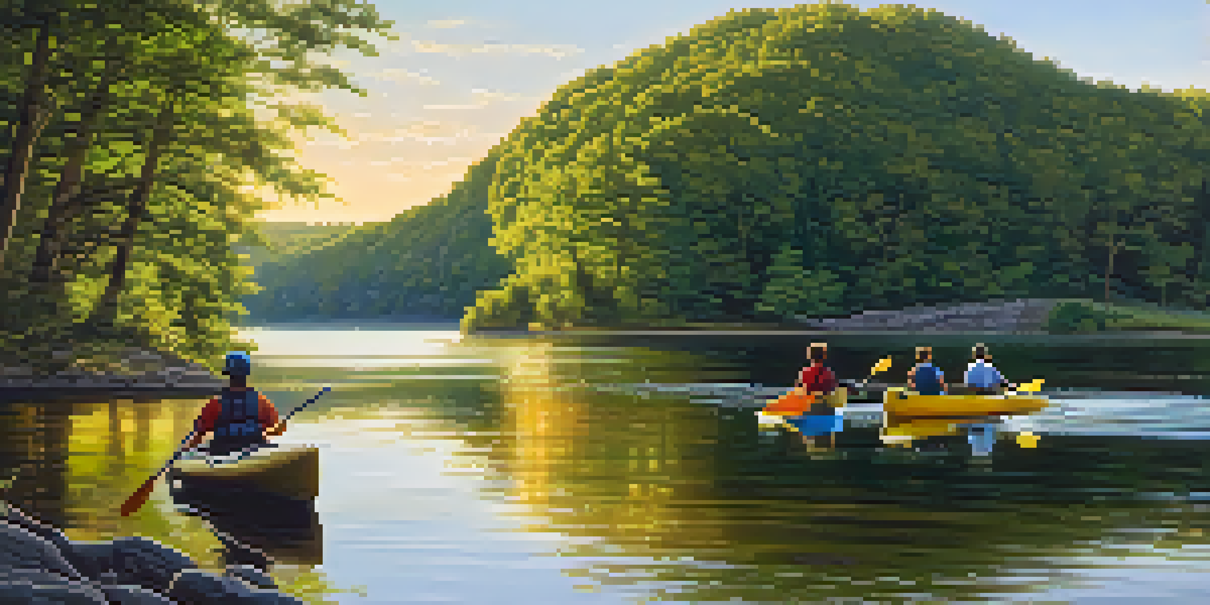 A picturesque sunset view of the Delaware River with kayakers and lush greenery, showcasing historical towns in the background.