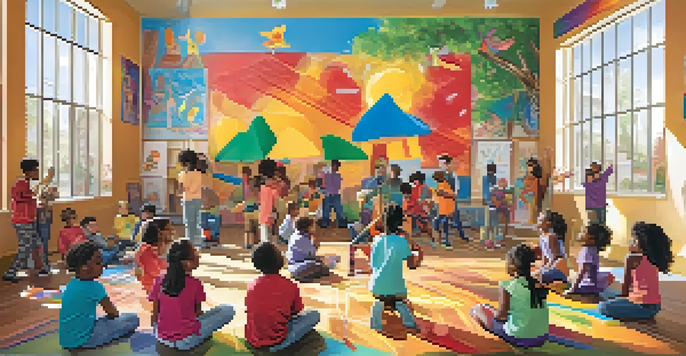 Children from diverse backgrounds happily working together on a mural in a community center filled with colorful artworks and sunlight.