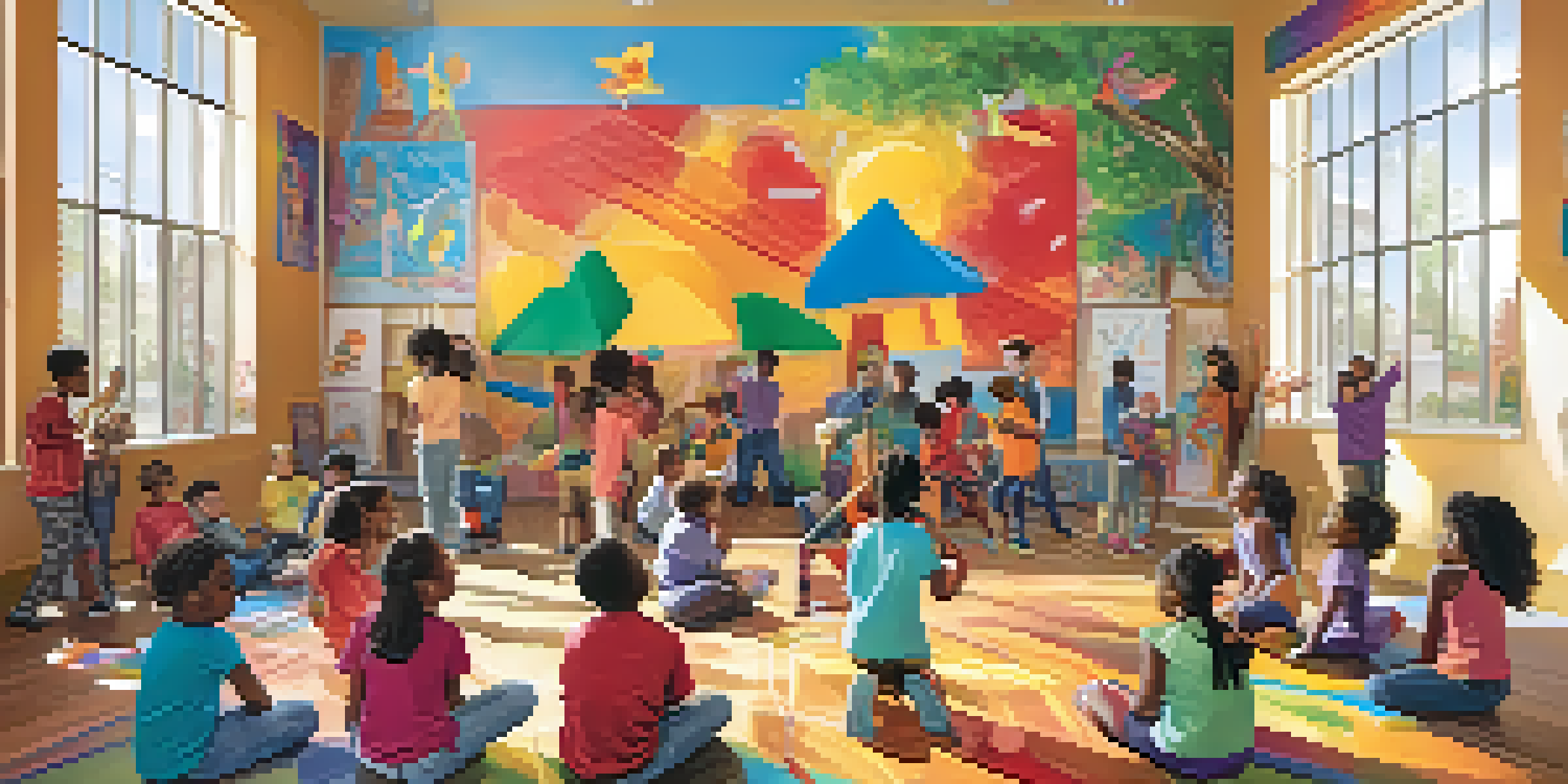 Children from diverse backgrounds happily working together on a mural in a community center filled with colorful artworks and sunlight.