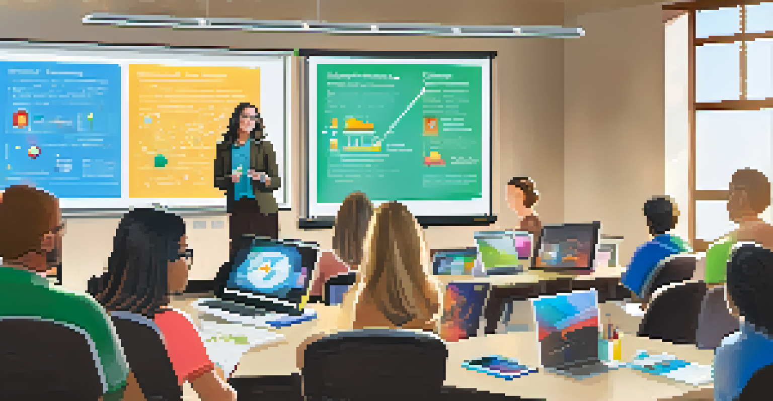 An educator leading a workshop on technology integration, showcasing apps on a smartboard with engaged teachers in a bright room.