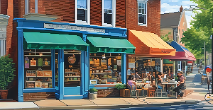 A lively street scene showing small businesses in New Jersey with people enjoying their day.