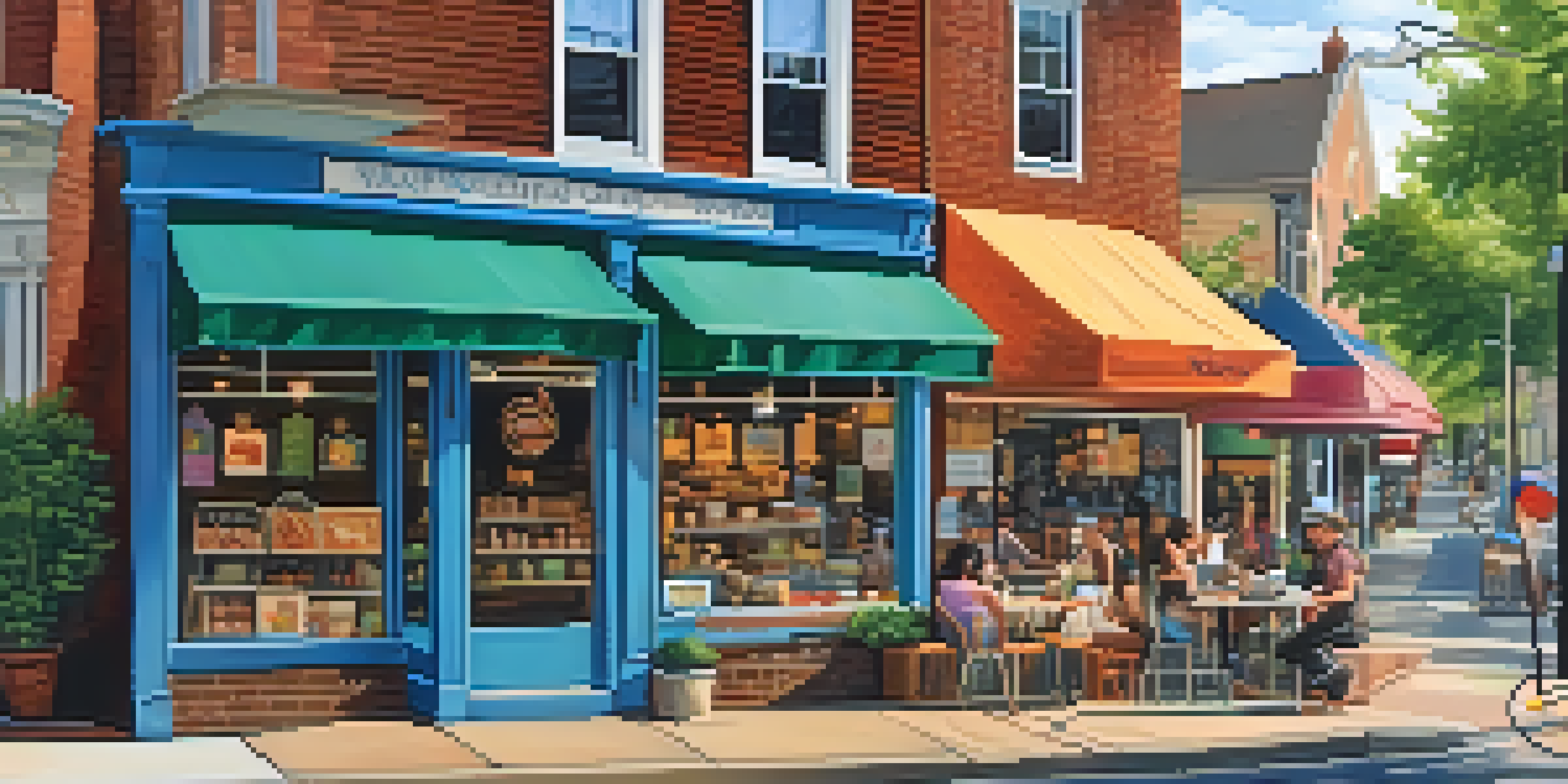 A lively street scene showing small businesses in New Jersey with people enjoying their day.